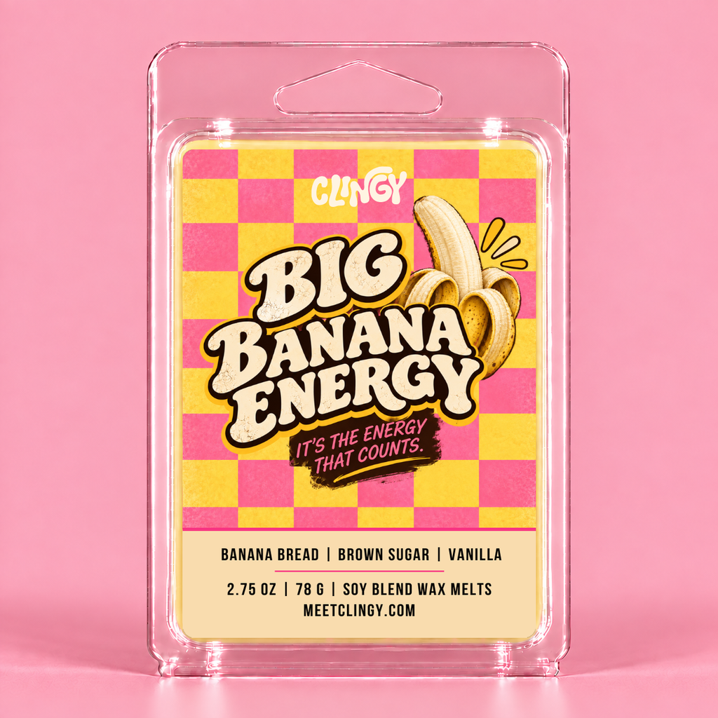 Big Banana Energy wax melt in light banana yellow with updated label