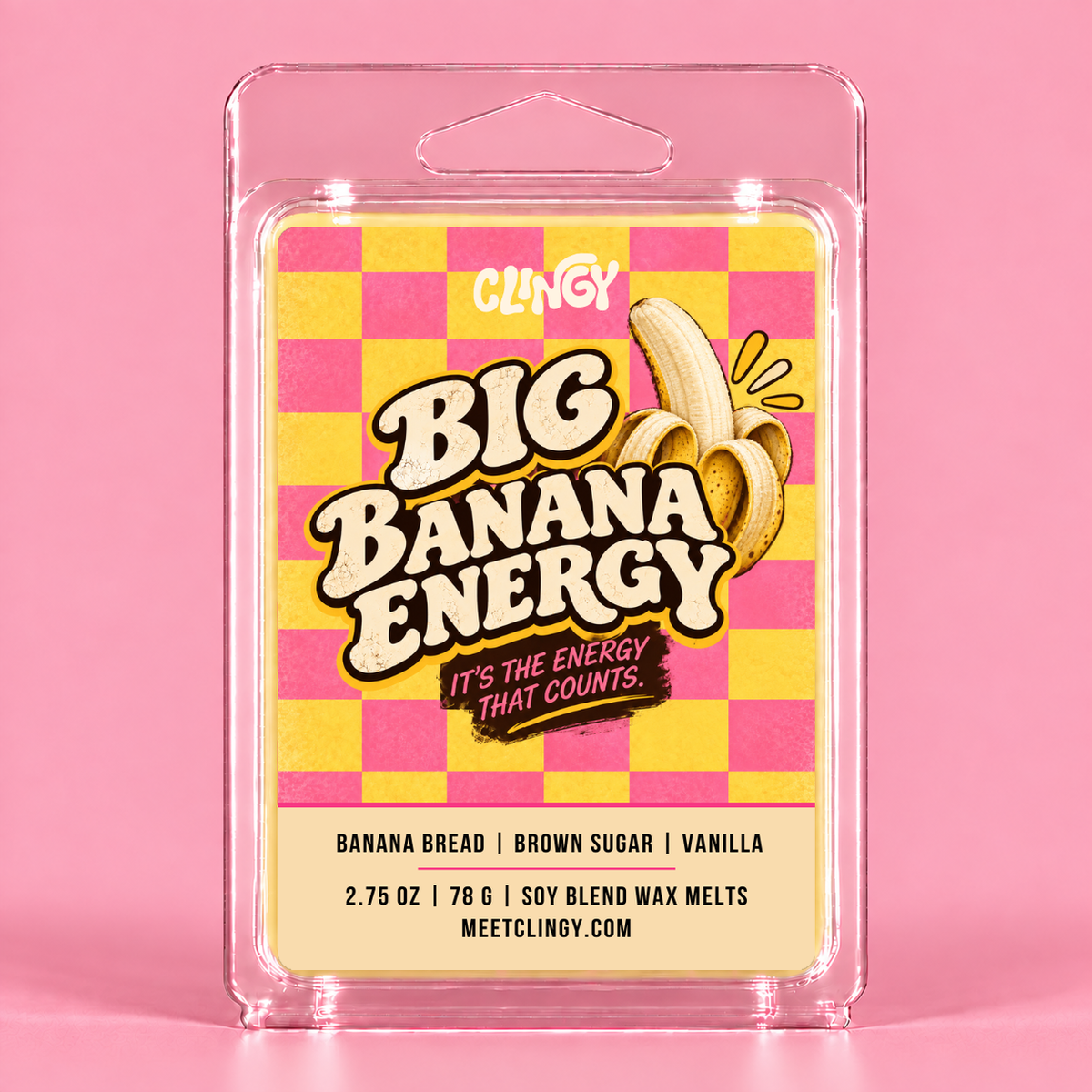 Big Banana Energy wax melt in light banana yellow with updated label