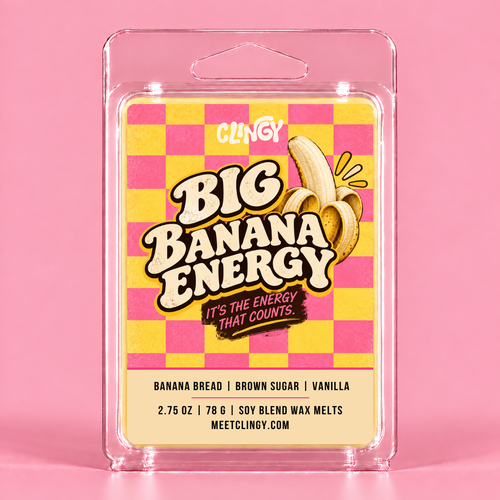 Big Banana Energy wax melt in light banana yellow with updated label