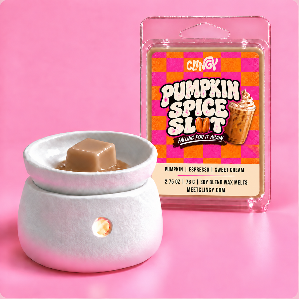Pumpkin Spice Sl*t caramel-latte wax melt shown in a white wax warmer